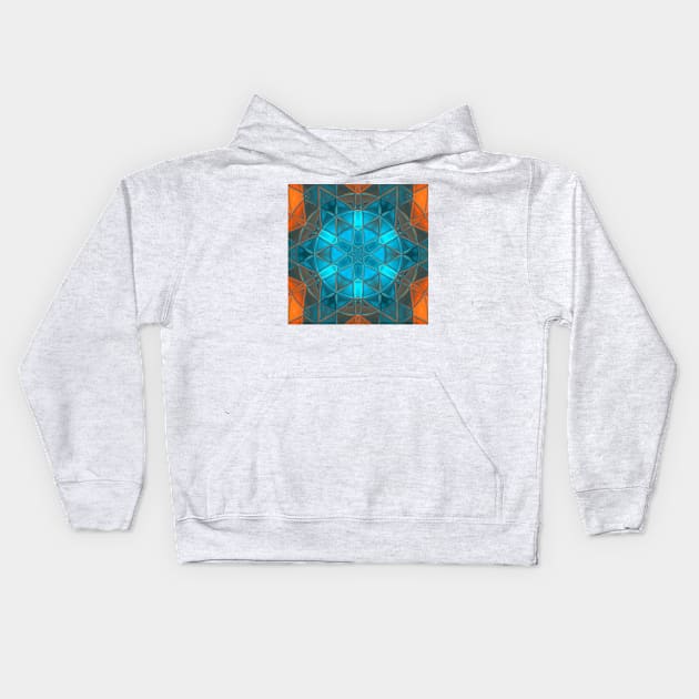 Mosaic Kaleidoscope Flower Blue and Orange Kids Hoodie by WormholeOrbital